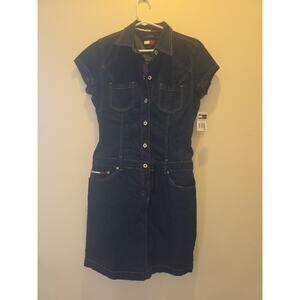 VINTAGE Tommy Hilfiger Jeans Dress Women Large Blue Shirt Denim Button Down Y2K